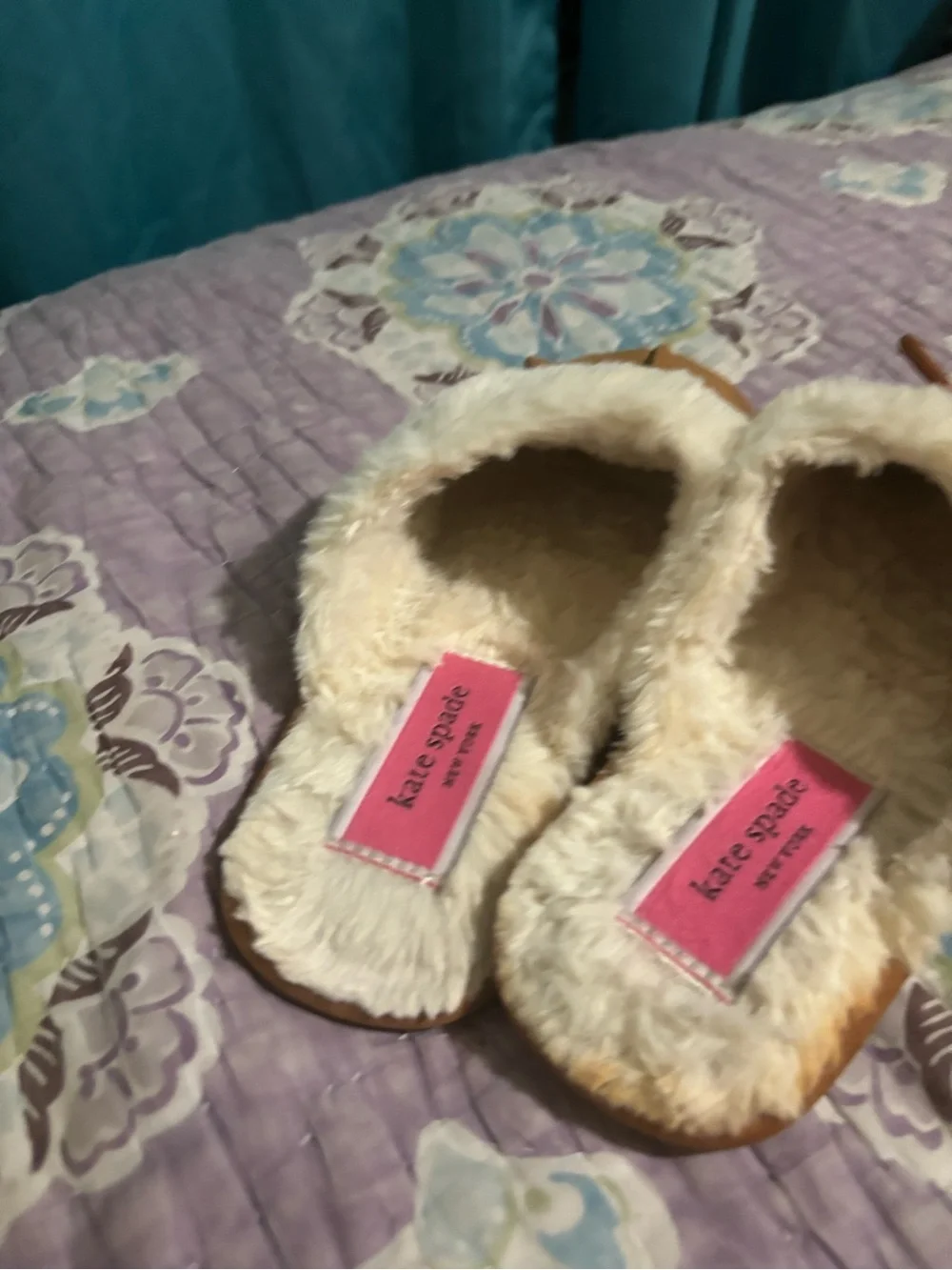 kate spade Tan Faux-Suede Slip-On Slippers with Cream Fur Trim